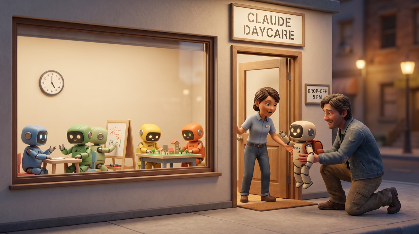 An owner hands his small robot to the caretaker at the Claude Daycare door while other robots play inside the front window.