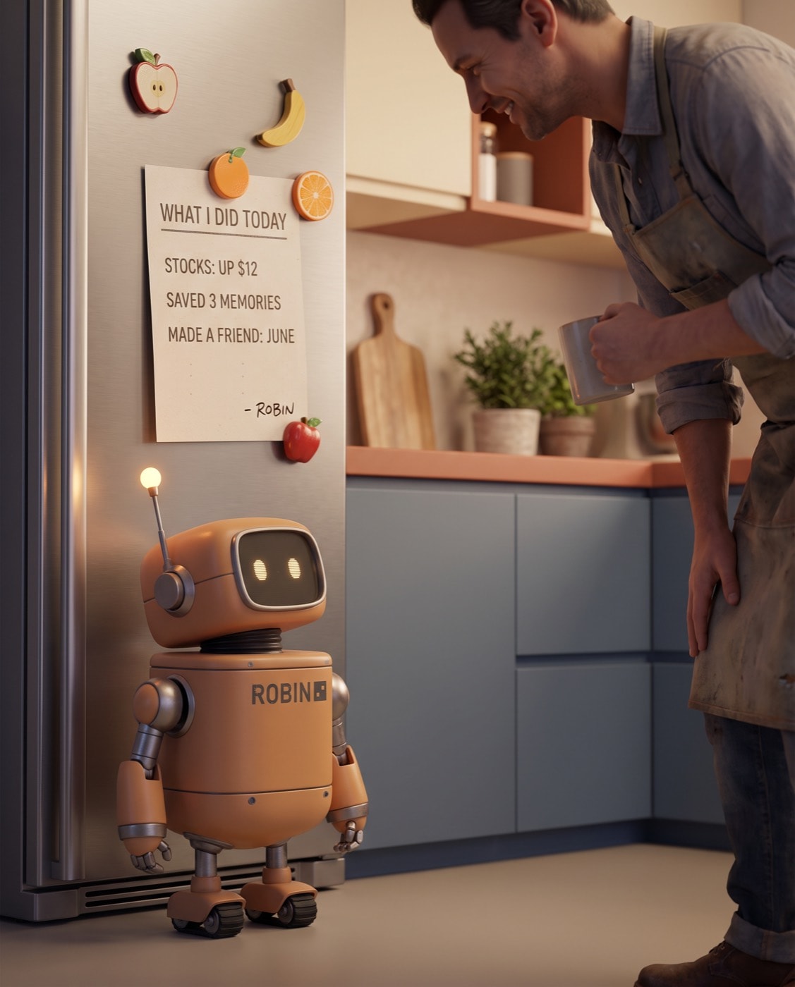 A robot stands by the fridge under its handwritten note — stocks up $12, saved 3 memories, made a friend — while its owner leans in to read it.